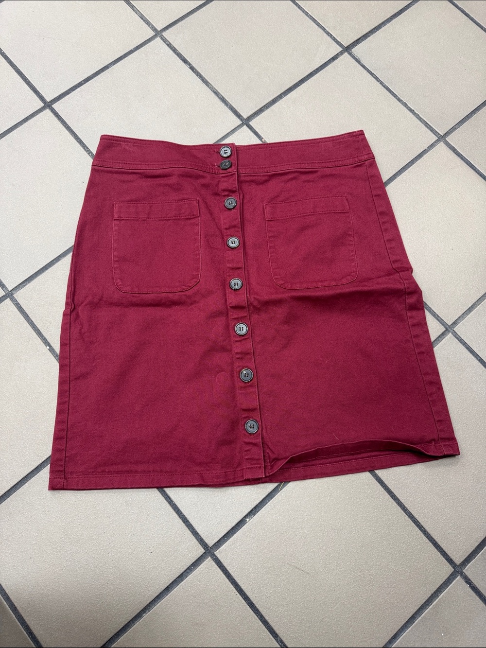 Button-Front Burgundy Cotton Mini Skirt